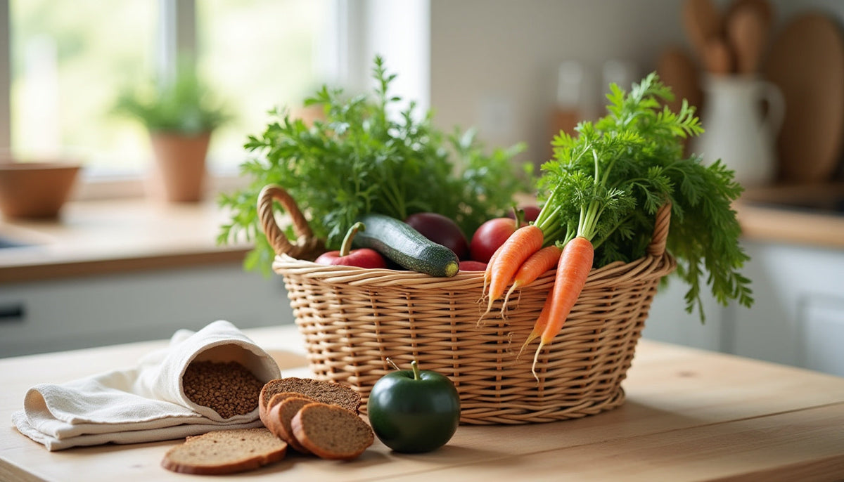 Un panier de légumes, des lentilles et des tranches de pain sur un plan de travail.