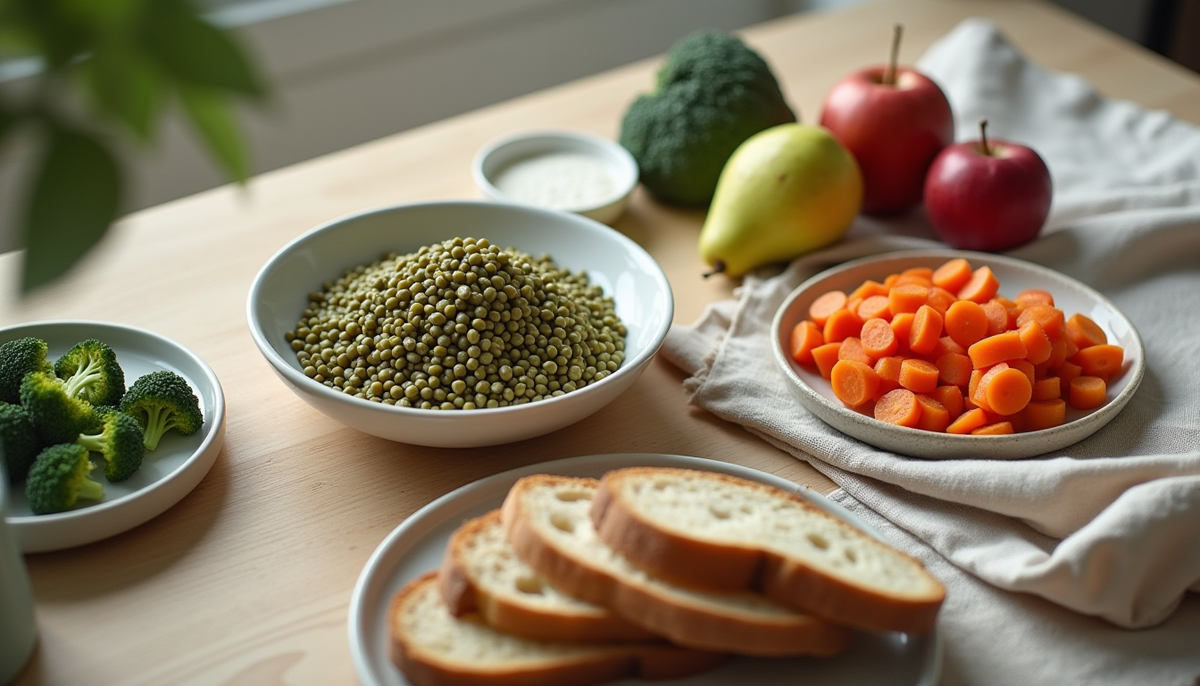Un bol de légumineuses, des carottes et du brocoli, une poire, deux pommes et des tranches de pain sur une table claire.