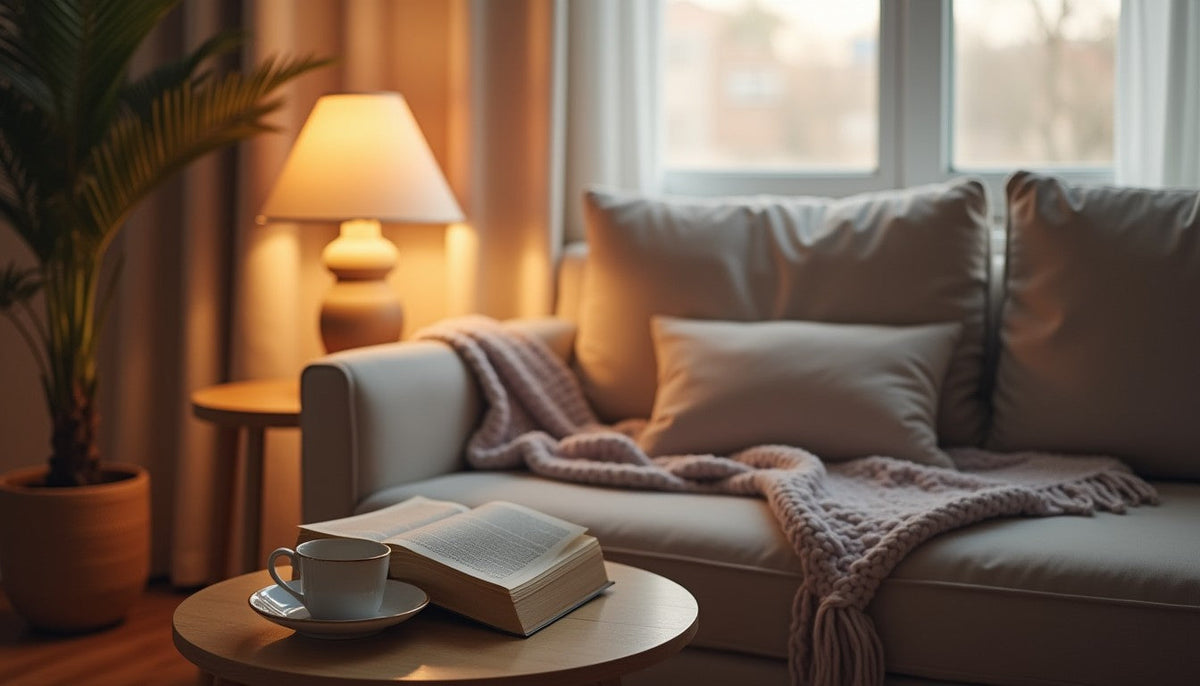 Un livre ouvert sur une table basse devant un canapé, près d’une lampe allumée.