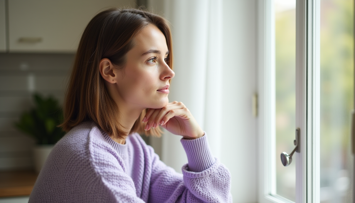 Une jeune femme en pull lavande, de profil, le menton posé sur la main, regarde par une fenêtre dans une cuisine.