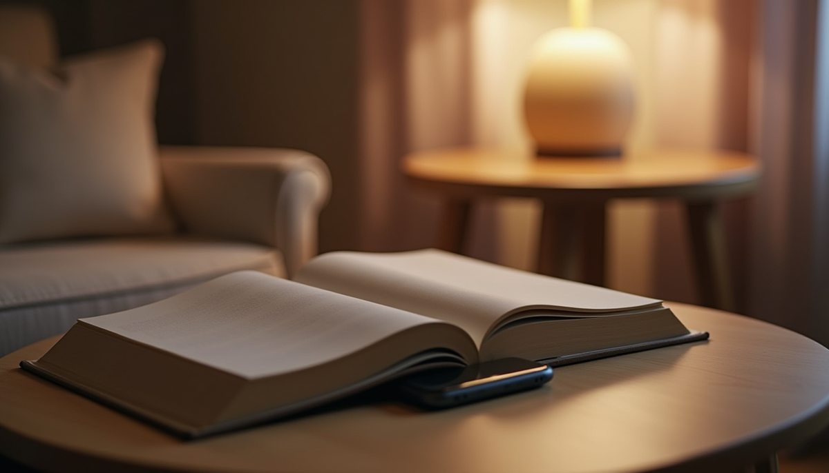 Un livre ouvert et un téléphone sur une table en bois, près d’un fauteuil et d’une lampe allumée.