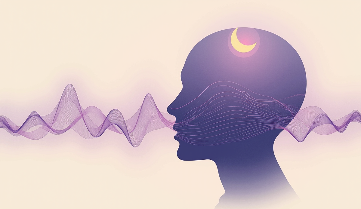 Silhouette de tête violette traversée de lignes ondulatoires, sous un croissant de lune doré.