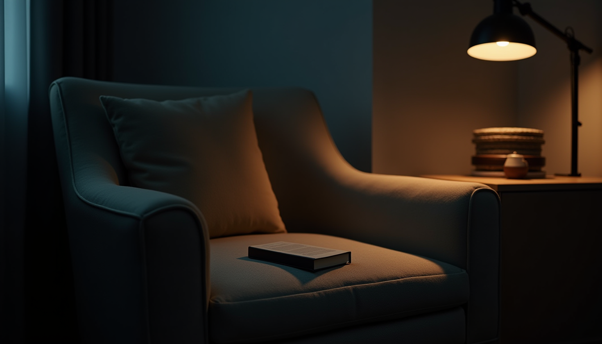 Un livre posé sur un fauteuil, près d’une lampe allumée dans une pièce aux tons bleu nuit et beige.