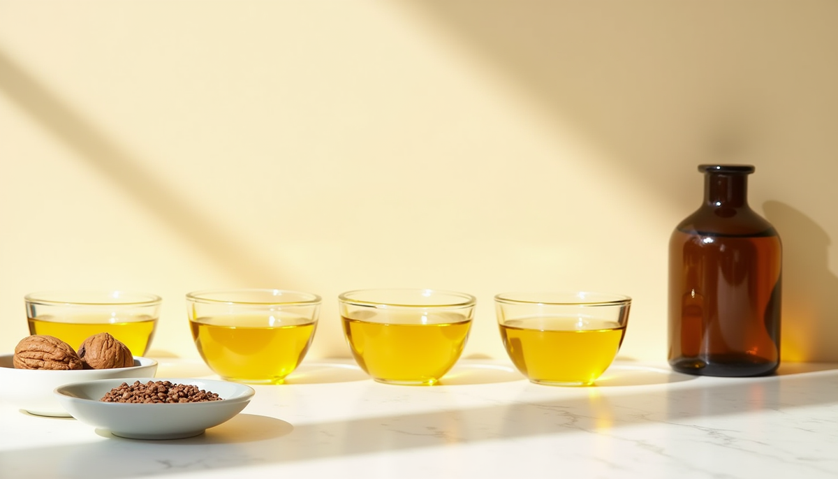 Des bols d’huile dorée, des noix et une bouteille ambrée sans étiquette sur un plan de travail.