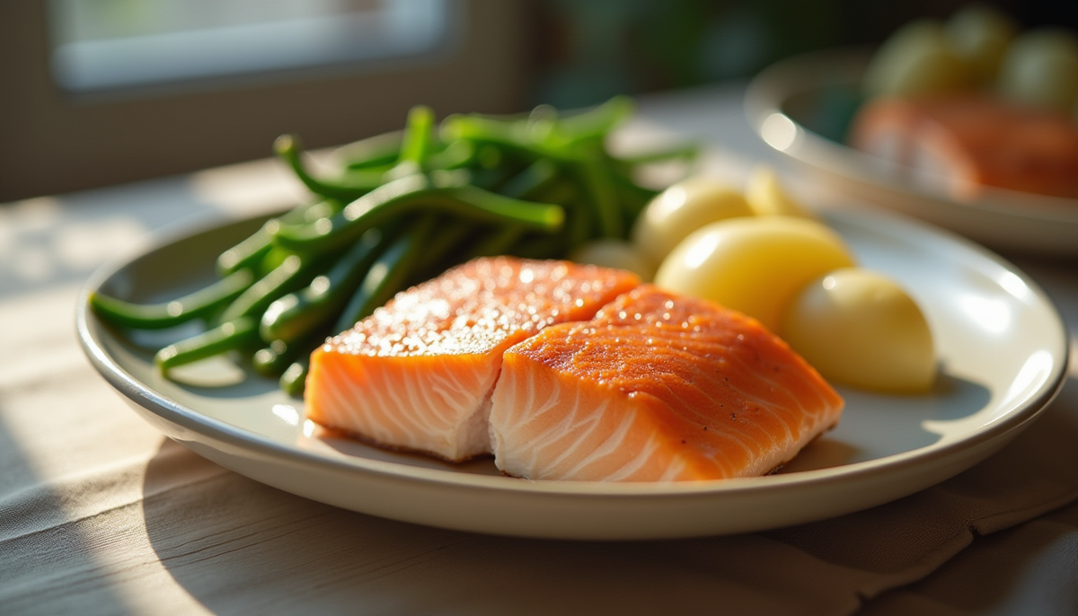 Une assiette de saumon, de pommes de terre et de haricots verts sur une table en bois.