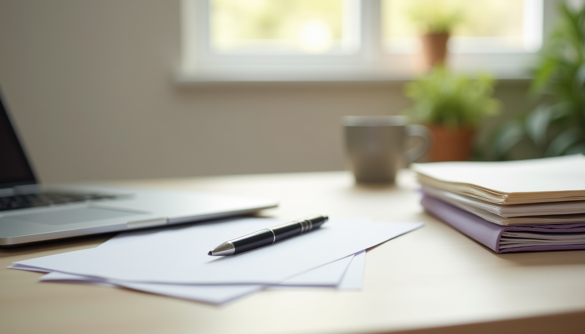Des feuilles et un stylo sur un bureau clair, entre un ordinateur portable ouvert et une pile de dossiers.