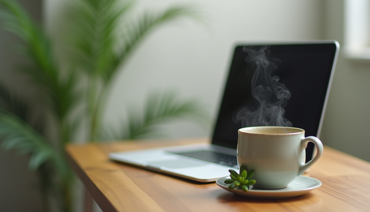 Un ordinateur portable ouvert avec un écran sombre, près d’une tasse et de plantes sur une table.