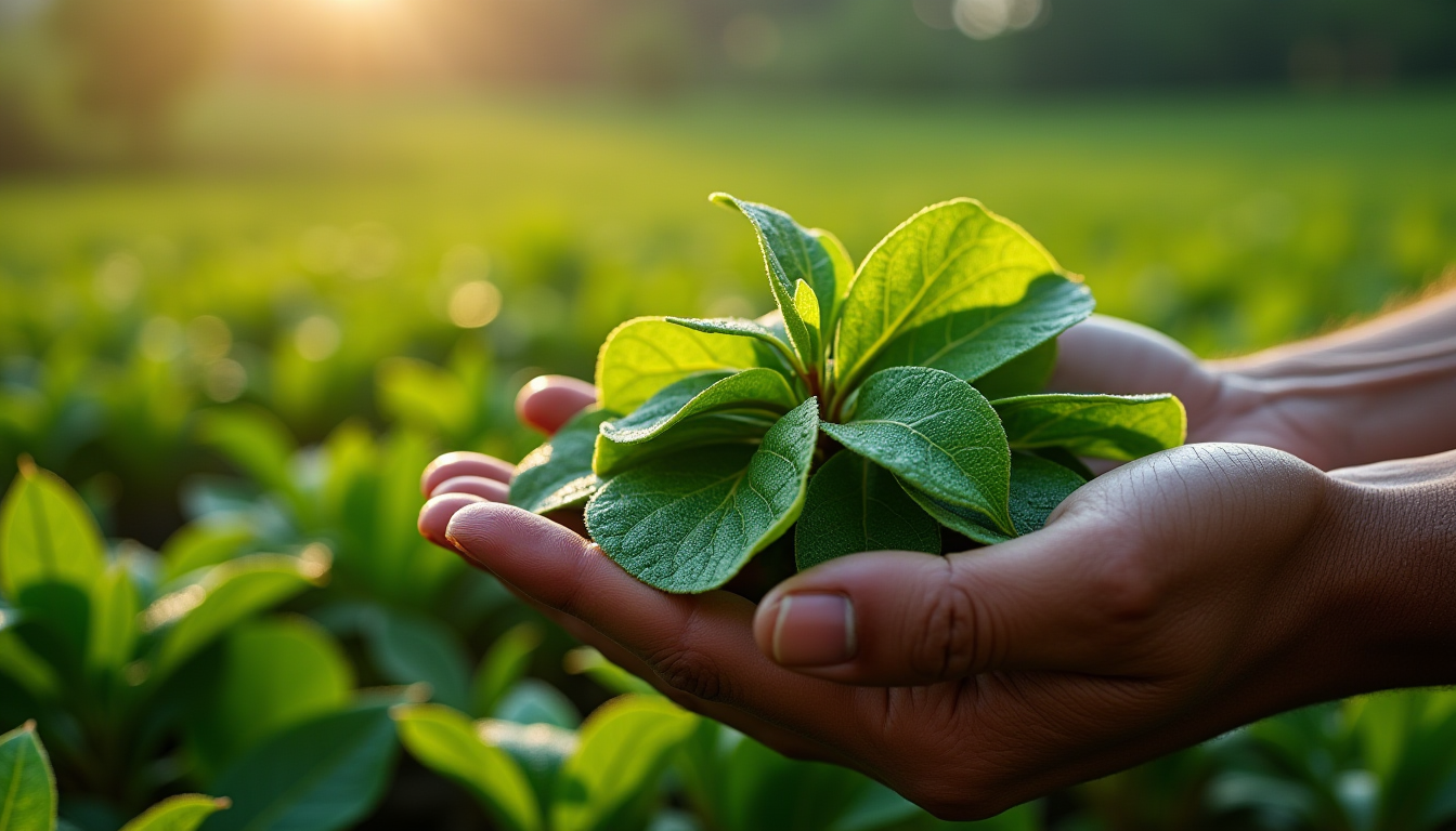 Jeunes feuilles de thé Camellia sinensis récoltées à la main