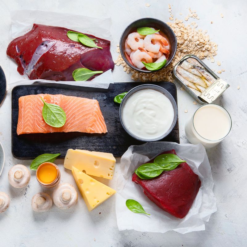 Illustration éditoriale des principales sources alimentaires de vitamine B12
